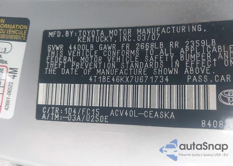 2007 Toyota Camry Se из США, поврежденный, VIN 4T1BE46KX7U671734